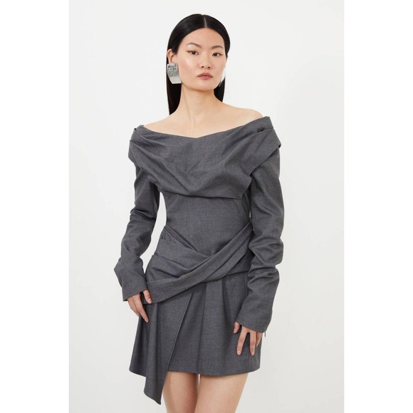 Karen Millen Dresses & Skirts - Karen Millen Mini Dress Woven Wool Mix Bardot Draped Off Shoulder Grey 8 Chic